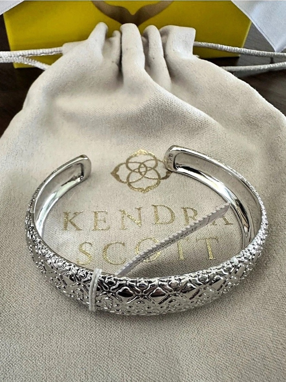 NWT Kendra Scott Harper Cuff Bracelet Rhodium Silver Filigree Textured